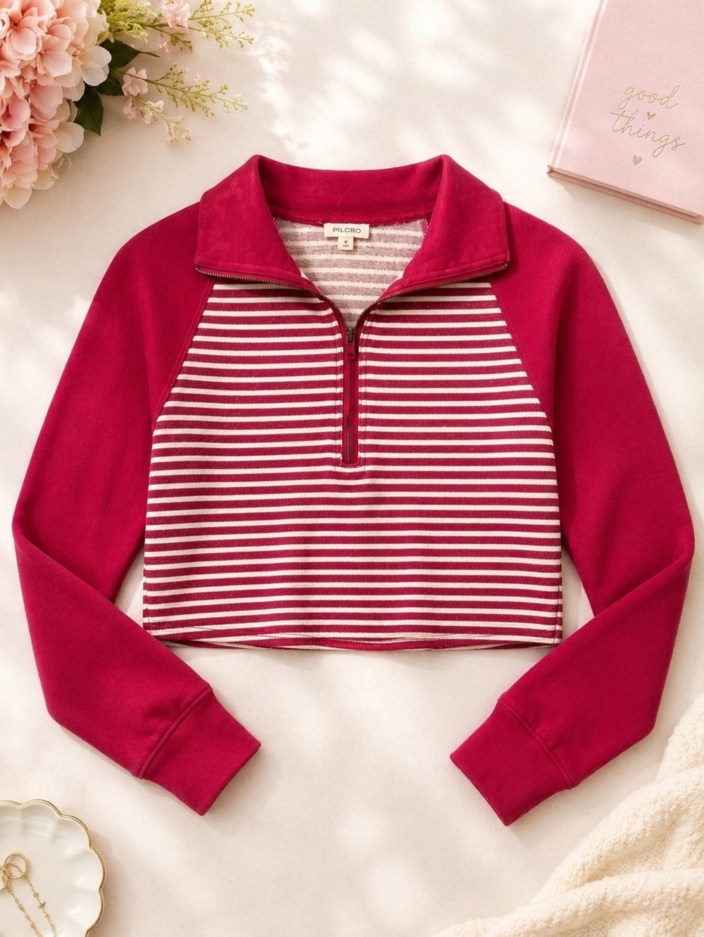 Pilcro Striped Half-Zip Cropped Sweater Burgundy XS Casual